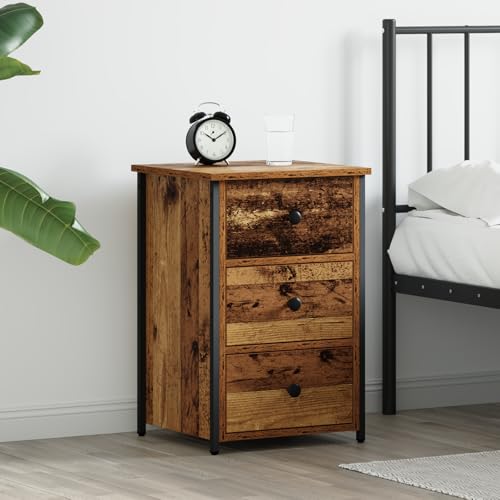 RMIHSJG Alter Holztisch Nachttisch mit 3 Schubladen Rustikaler Stil Altes Holz MDF Spanplatte Metall Mittel Elegante Matte Oberfläche Schlafzimmer Kommode