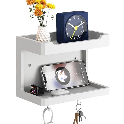 NiHome Large Wall Mounted Wooden Bedside Organizer - Wandmontiertes Massivholz-Regalsystem mit Doppelregal & Magnet-Haken, Bettablage für Handy Brille Fernbedienung(25x13.8x18 cm)