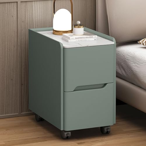 Schmaler Nachttisch aus Massivholz mit 2 Schubladen, minimalistischer Nachttisch mit Lederbezug, stilvoller grüner Leder-Aufbewahrungs-Beist elltisch, Rolldesign für einfache Mobilität (25 x Schmaler Nachttisch aus Massivholz mit 2 Schubladen, minimalistischer Nachttisch mit Lederbezug, stilvoller grüner Leder-Aufbewahrungs-Beist elltisch, Rolldesign für einfache Mobilität (25 x