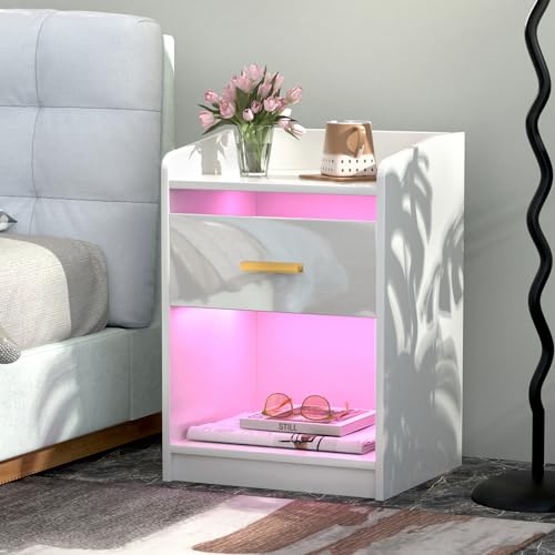 PIPIPOXER Nachttisch LED mit 1 Schubladen, Nachttisch Weiß Hochglanz Nachtschrank LED-Beleuchtung 16 Farbe, Sofatisch 1 Schubladen, Modern, Beistelltisch für Schlafzimmer, Wohnzimmer, 40x35x58cm