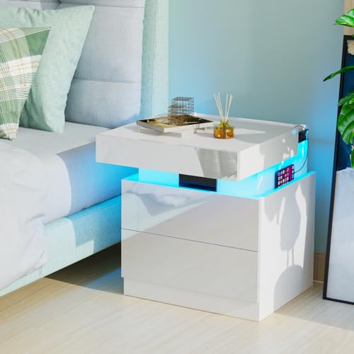 HaodaCulture Nachttisch Weiß Hochglanz, Nachttisch mit USB, 2 AC Steckdosen, 2 USB Anschlüsse, Einstellbare 16 Farben, Versteckte Schiebeschränke, Nachtschrank Holz Beistelltisch 45x40x52cm