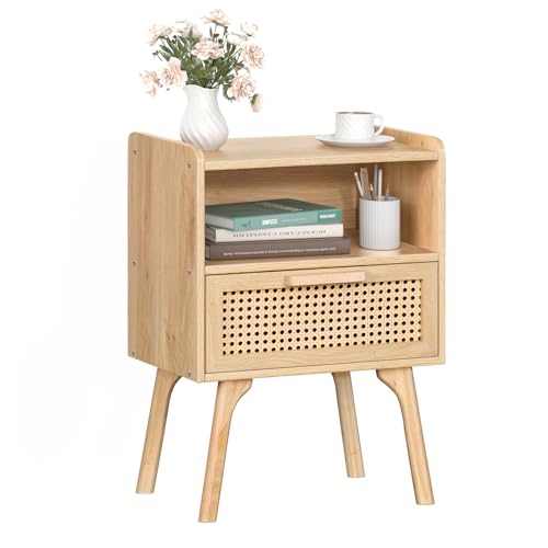 LELELINKY Nachttisch Rattan Boho, Kleiner Beistelltisch Holz mit Schublade und Offenem Regal, Nachttische hat Tischbeine aus Massivholz für Wohnzimmer Sofatisch, Schlafzimmer Nachtkommode