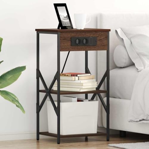 Runheo Nachttisch Braun Eichen-Optik, 41x31x76 cm Holzwerkstoff, mit Ladestation, stabilem Stahlrahmen, für Schlafzimmer, Wohnzimmer