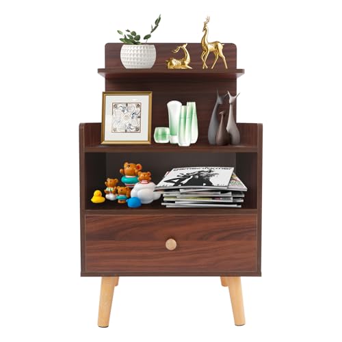 Susoso Nachttisch, Beistelltisch Schublade Nachtschrank mit Runder Griff Gesamttragfähigkeit Über 15kg für Büchern 40x34x70cm Walnußfarbe