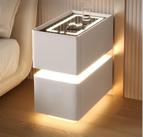 HJYBFA Intelligenter schmaler Nachttisch mit 3-farbigem LED-Licht, 2 Schubladen, kabellosem Laden, vormontiert, kleine Räume (weiß, 15,7 x 15,7 x 19,7 Zoll)