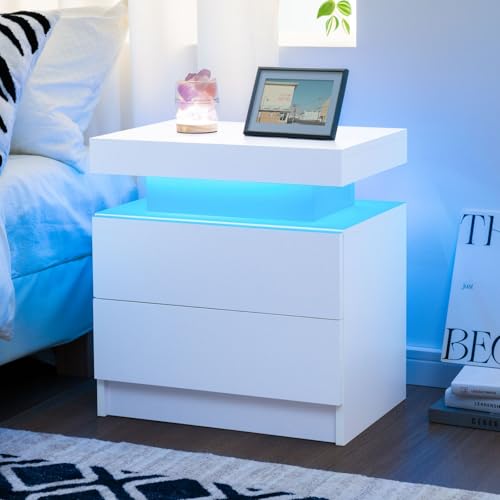 Cubehom Nachttisch Weiß mit LED Beleuchtung, Moderner Beistelltisch für Schlafzimmer und Wohnzimmer, Nachtschrank aus Holz mit 2 Schubladen, LED Nachtkommode für Stauraum