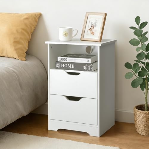 LEADZM Nachttisch Nachttische mit Ladestation, Beistelltisch mit 1 offenem Fach und 2 Schublade, Nachtschrank für Schlafzimmer Wohnzimmer, 40 x 30 x 60 cm (1, Weiß)