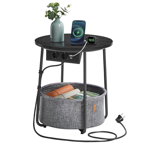 VASAGLE Beistelltisch rund, Kleiner Tisch, Couchtisch mit Steckdose, Wohnzimmertisch, Korb aus Stoff, Stauraum für Wohnzimmer Schlafzimmer, Nachttisch modern, ebenholzschwarz-schieferg rau LET228B02