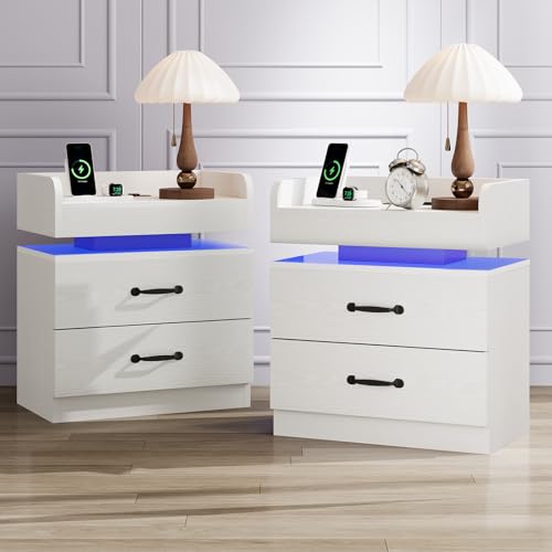 HOMBCK LED Nachttisch 2er Set mit Ladestation, Nachttische Weiß mit 2 Schubladen, Moderner Nachttische für Schlafzimmer, Wohnzimmer