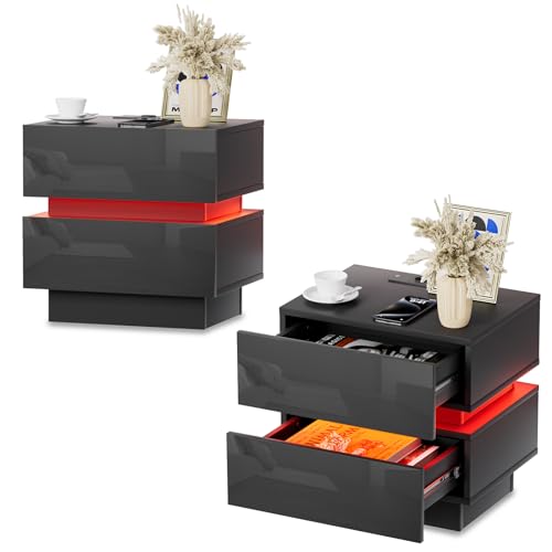 EXSELTMAN Nachttisch Schwarz 2er Set, Nachtschrank mit Led Licht und Steckdose, 2 AC-Steckdosen, 2 USB-Anschlüsse,Modern Minimalistisch für Schlafzimmer Wohnzimmer 45x35x46cm