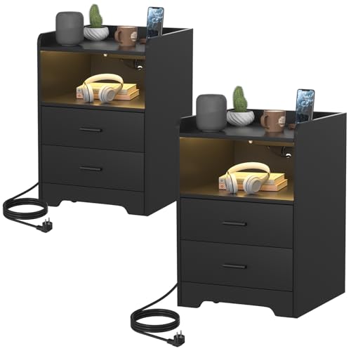 Eikuavons Nachttische 2er Set mit LED-Lichtern, Ladestation(2 AC-Steckdosen, 2 USB-Anschlüsse) 2 Schubladen und 1 offenes Fach Beistelltisch für Wohnzimmer Schlafzimmer Schwarz