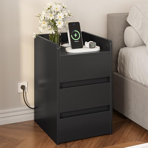 YITAHOME Nachttisch mit 3 Schubladen und Netzteil, Nachtkommode mit Ladestation, 2 USB-Anschlüssen und Steckdosen, wasserfester Beistelltisch für Wohnzimmer und Schlafzimmer, 35 x 40 x 60cm (Schwarz)