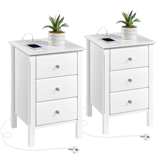 Yaheetech Nachttisch 2er Set Nachtschrank mit Ladestation 3 Schubladen Beistelltisch Boxspringbett Nachtkommode Sofatisch für Schlafzimmer/Wohnzimmer, Weiß