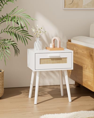 HEYZOEY Nachttisch Rattan, Beistelltisch mit Schublade, Nachtkommode mit Holz Beine für Schlafzimmer, Wohnzimmer, Natur Eiche,Gelb (weiß)