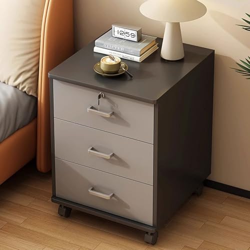 Hellgrauer Nachttisch mit 3 Schubladen, abschließbarer kleiner Nachttisch auf Rollen, stilvoller Aufbewahrungs-Beistelltis ch für Schlafzimmer und Wohnzimmer, modernes Design, platzsparende Lösung