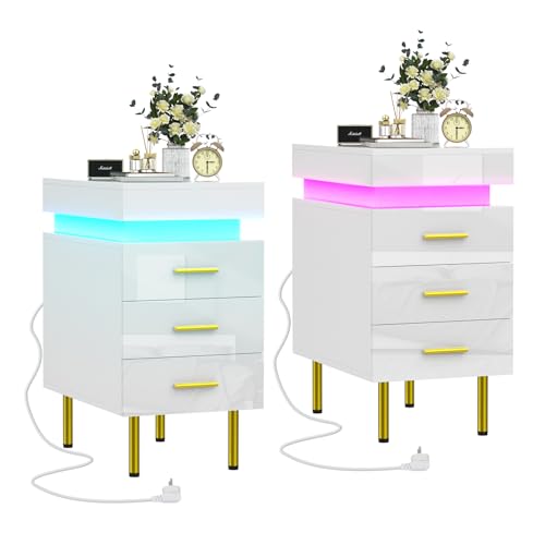 Nachttisch Schmal 2er set, Nachttisch Weiß Hochglanz mit LED, Einstellbare 16 Farben, 3 Schubladen, Schiebekommode Oben, Beistelltisch Nachtschrank für Schlafzimmer Wohnzimmer 55x35x67.5 cm