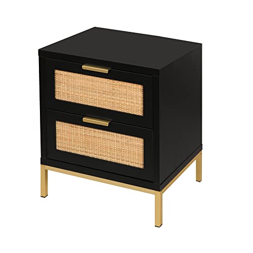 Yvsevnr Rattan Nachttisch mit 2 Schubladen Schwarz, Holz Boho Nachttische, Beistelltisch für Schlafzimmer, Wohnzimmer und kleine Räume 48x35x53 cm