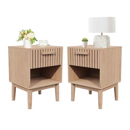 QMTXBYJ Rattan Nachttisch 2er Set,Beistelltisch mit Schubladen und Ablagefach,Nachtschrank,S chlichte Nachtkommode,Holz Sofatisch Couchtisch,Rattan Kommodeschrank für Schlafzimmer/Wohnzimmer