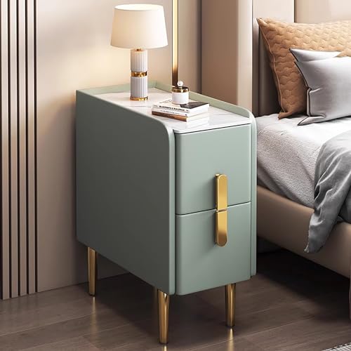 Moderner minimalistischer, schlanker Nachttisch mit Kunstleder-Finish, Metallbeine, Doppelschublade, Aufbewahrungsschrank für Schlafzimmer und Wohnzimmer, stilvoller Nachttisch mit reichlich Stauraum