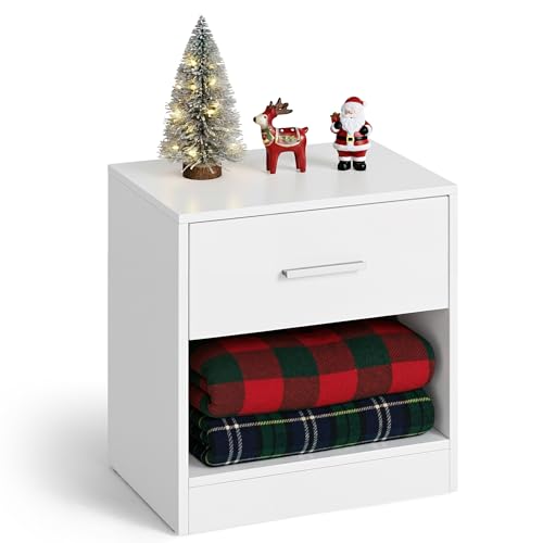 VASAGLE Nachttisch, Beistelltisch, Schublade, Griff, offenes Fach, Couchtisch, für Schlafzimmer, Wohnzimmer, klassikweiß LET619T14