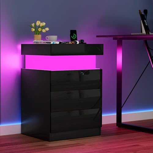 EXSELTMAN Nachttisch mit led, Einstellbare 16 Farben, 3 Schublade, Nachttisch mit Ladefunktion, Versteckte Schiebeschränke, Hochglanzoberfläche, Nachtschrank Schwarz 45x40x67cm