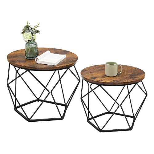 VASAGLE Couchtisch rund, 2er Set, Wohnzimmertisch, Beistelltisch, Vintage-Flair, abnehmbare Tischplatte, für Wohnzimmer, vintagebraun-tintenschwar z LET040B01