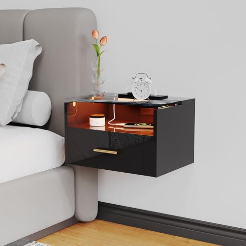 Nachttisch Hängend mit RGB LED-Beleuchtung & 2 AC-Steckdose/2 USB-Anschlüsse,3-Stufige r Nachtkästchen Schwebend mit Holz Einer Schublade,Trennwand aus Gehärtetem Glas für Schlaf & Wohnzimmer(Schwarz)