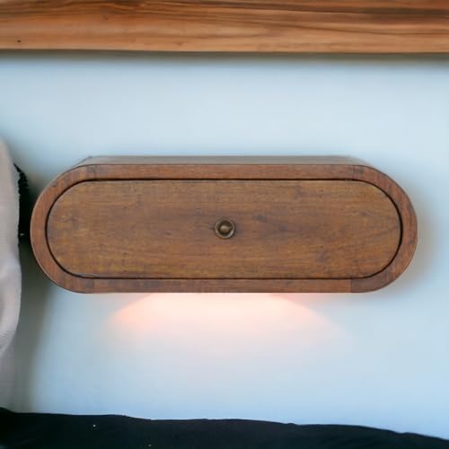 HaoChrymec Wandmontiertes Nachttisch Regal aus Massivholz, Rund, 1 Schublade, Stauraum, Wohnzimmer, Schlafzimmer, Braun, 45 x 32 x 15 cm