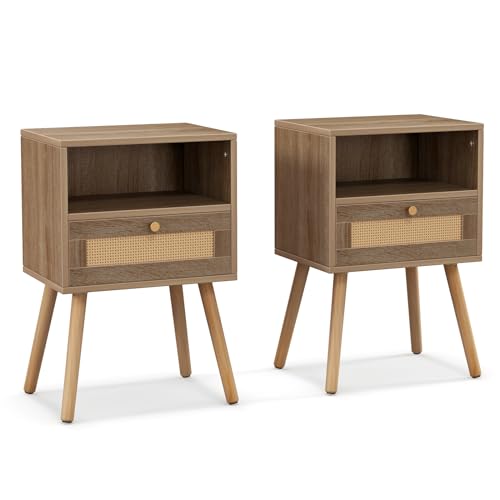 RELAX4LIFE Nachttisch 2er Set, Nachtschrank mit Rattan-Schublade & offener Ablage, Nachtkommode Holz 40 x 40 x 59 cm, Beistelltisch, Sofatisch für Wohnzimmer, Schlafzimmer