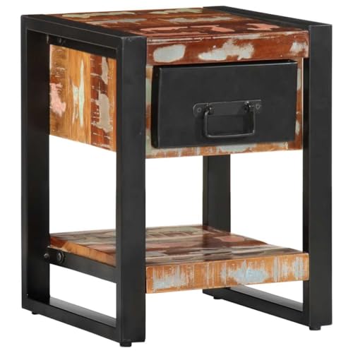 Retro-Nachttisch aus Holz mit Schublade und Regal, Vintage-Nachttisch für Wohnzimmer, Schlafzimmer, Flur, Büro, mehrfarbig, massives Altholz, 35 x 34 x 45 cm