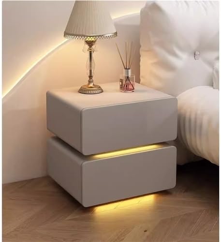 Nachttisch aus braunem Leder mit LED-Lichtern, Massivholz, bodenstehend, Beistelltisch mit 2 Schubladen, Nachttisch für Schlafzimmer und Wohnzimmer, modernes Design (40 x 40 x 48 cm)