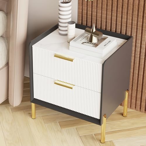 FATIVO Nachttisch Marmor Weiß Tischplatter mit 2 Schubladen, Nachtkommode Beistelltisch Holz Schrank Modern Skandinavisch Nightstand für Schlafzimmer 48.5×38.5×53cm