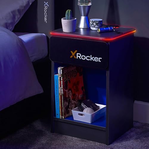 X-Rocker Carbon-Tek Gaming-Nachttisch mit integriertem kabellosem Laden und RGB-Beleuchtung, Gaming-Schlafzimmer-Möbe l, Beistellschrank, mit Schublade und Ablagefach, Grau/Blau