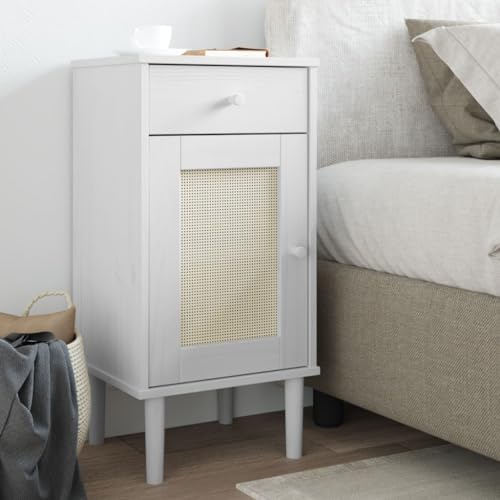 Rantry Nachttisch Nachtschrank Sofatisch Beistelltisch Nachtkommode Nachtkonsole Beistelltisch für Schlafzimmer Wohnzimmer Bett Rattan-Look Weiß 40x35x80 cm Massivholz Kiefer