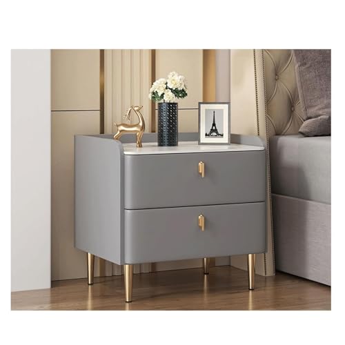Nachttisch mit 2 Schubladen – Nachttisch aus Massivholz mit Kunstmarmor und PU-Leder – ideal für Schlafzimmer Beistelltisch oder Kommode