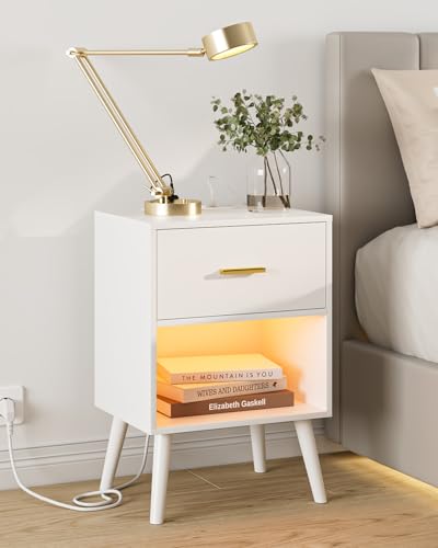 Apetaccat Nachttisch mit Steckdose, weiß Nachttisch mit Ladefunktion und USB, Nachtschrank LED mit Schublade, Beistelltisch für Schlafzimmer, Wohnzimmer, weiß