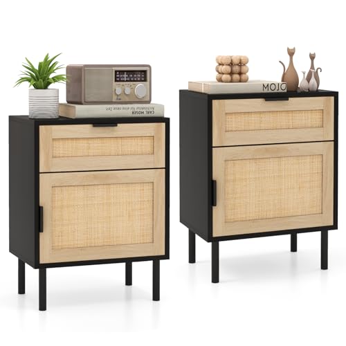 COSTWAY Nachttisch Rattan, 2er Set, Nachtschrank mit Schublade und Schrank, Beistelltisch, Sofatisch, Nachtkonsole im Boho-Sti für Schlafzimmer, Wohnzimmer, 45 x 30 x 59 cm (Schwarz)