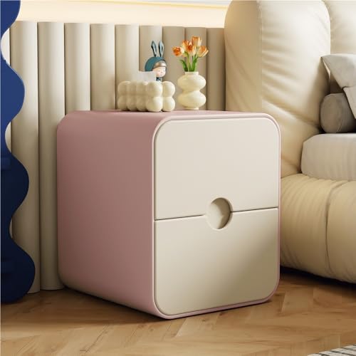 IROEJT Moderner, freistehender Nachttisch aus Leder mit Zwei Schubladen und verdeckten Griffen, Kleiner Aufbewahrungsschrank aus Massivholz, Sofatisch?Pink 15.7IN
