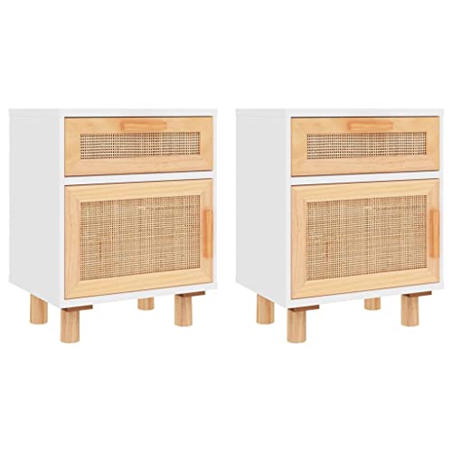 vidaXL 2X Nachttisch 1 Schublade 1 Fach Nachtschrank Nachtkonsole Nachtkommode Schlafzimmer Schrank Kommode Weiß Massivholz Kiefer Natur-Rattan