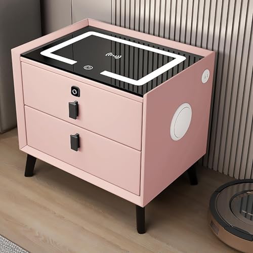 Moderner, intelligenter Nachttisch mit USB-Ladefunktion, Fingerabdruckschloss und Lautsprecher, stilvolles rosa Finish, 3-farbiges LED-Licht, 2 Schubladen, perfekt für die Schlafzimmereinric