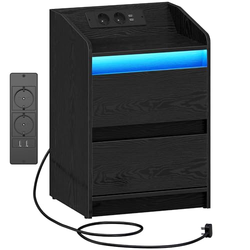 Hzuaneri Nachttische mit LED-Lichtern, Ladestation und 2 Schubladen, Beistelltisch mit USB-Anschlüssen & Steckdosen, Stilvoll und vielseitig, für Wohnzimmer und Schlafzimmer, Schwarz NS30004X