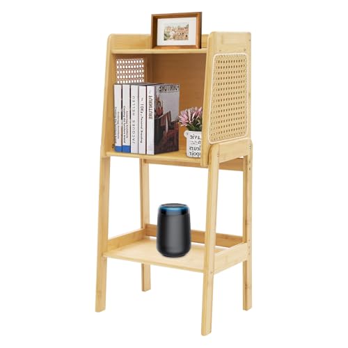 SuhoFutus Nachtschränkchen, Nachttisch aus Rattan mit Ablage, 3-Stufige Bücherregal Nachtschränkchen mit Offene Fächer, Abgeschrägte Kante Beistelltisch, Aufbewahrungsschrank, Holzfarbe