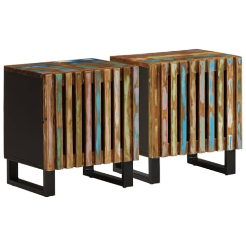 HETFTJN Nachttisch 2er Set 40x34x46 cm aus massivem Altholz mit 1 Tür und robusten Stahlbeinen Modernes Vintage Sideboard für Schlafzimmer Wohnzimmer Flur