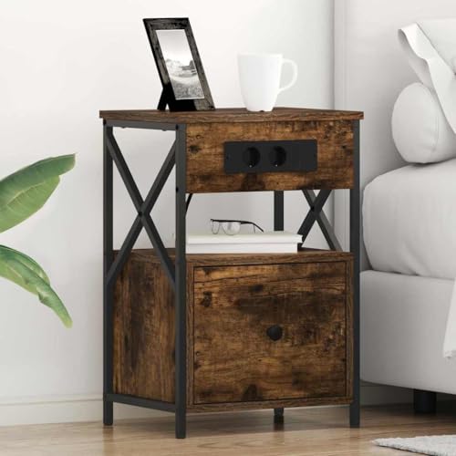 Mokuyary Nachttisch Geräucherte Eiche 40 x 31 x 60 cm Holzwerkstoff Beistelltisch, Nachtschrank Schlafzimmer, modern für Wohnzimmer Schlafzimmer Arbeitszimmer Gästezimmer A1