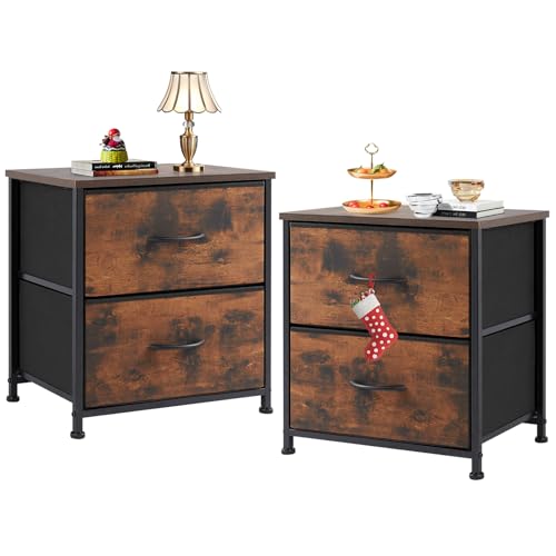 Sweetcrispy Nachttisch 2er Set, Nachttisch Beistelltisch, Stoff Schubladenschrank, Schmal Schrank, Kommode Schlafzimmer, Industrial Stil für Wohnzimmer, Kinderzimmer, Flur Aufbewahrungsschrank, Braun
