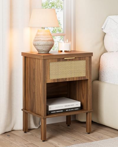 Apetaccat Nachttisch Rattan, Nachttisch Holz, Boho Nachtschrank mit Schublade und offenem Regal, Nachttische für Schlafzimmer, Wohnzimmer, 28x38x55cm, Walnuss
