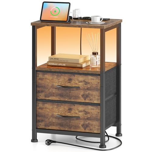 Yornoli Nachttisch LED & Ladefunktion, Beistelltisch Schublade, Nachttische 3 AC Anschlüsse & 2 USB Anschlüssen, Beistelltische fürs Wohnzimmer, Schlafzimmer, Vintage Braun