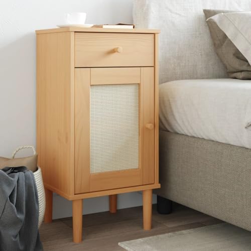 Youuihom Nachttisch SENJA Rattan-Look Braun 40x35x80cm Massivholz Kiefer Nachtkasten Nachtschrank Badschrank Schmal Bedside Tables für Wohnzimmer Bad Schlafzimmer Jugendzimmer