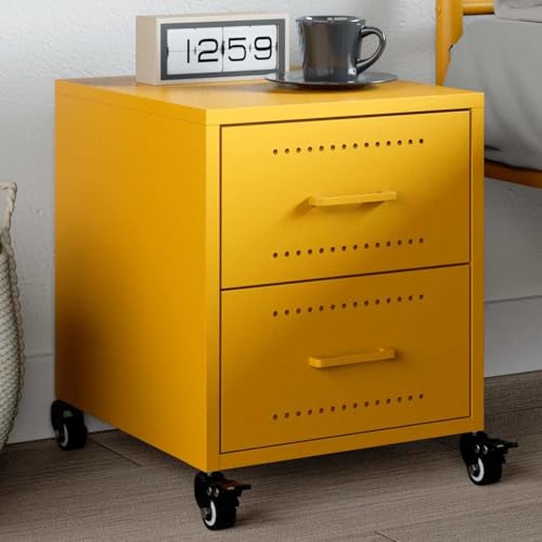 Makastle Nachttisch mit 2 Schubladen und 4 Rollen, Beistelltisch Modern, Bedside Table Metall, Nachtkonsole, Sofatisch für Wohnzimmer, Schlafzimmer, Senfgelb 36x39x43,5 cm Stahl