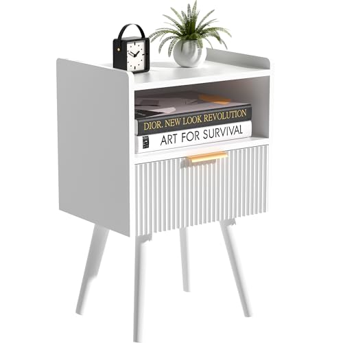 Vantimo Nachttisch, Beistelltisch mit Schublade, offenem Fach, Couchtisch, Holz Nachttisch mit Massivholzbeinen für Wohnzimmer, Schlafzimmer, Arbeitszimmer, modern, wolkenweiß